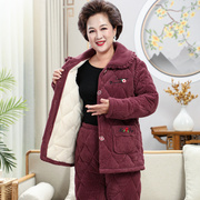 极速中老年睡衣女冬季三层夹棉加厚加绒奶奶套装老人保暖家居