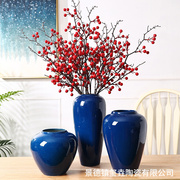 景德镇陶瓷花瓶光面，蓝手工陶瓷花盆设计创意，仿真花插花陶瓷工艺品