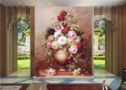 大型壁纸定制欧式花瓶壁画复古花卉艺术油画客厅酒店走廊背景墙