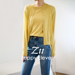 Z11 studio 2024女士羊毛镂空薄款针织衫两件套毛衣V领开衫