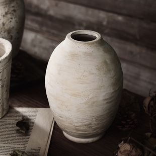 复古粗陶花瓶古典手绘陶罐干花花，插客厅摆件陶瓷花瓶