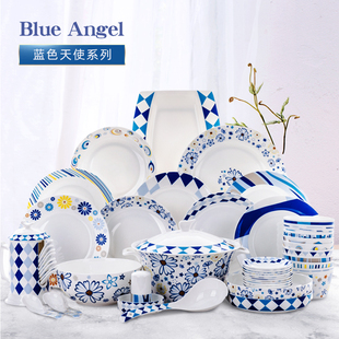 唐山陶瓷骨瓷餐具套装，56头韩式碗盘，北欧套碗家用碗碟地中海餐盘