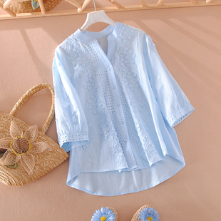 夏季衬衣女纯棉立体花朵镂空七分袖v领白色，衬衫宽松薄款法式上衣