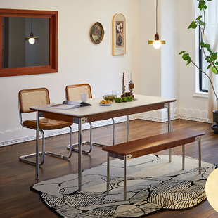 岩板餐桌家用小户型北欧复古实木餐桌椅子，组合长方形饭桌原木家具