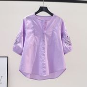 浅紫色镂空绣花五分袖棉质衬衣女，2023夏季设计感圆领宽松衬衣上装