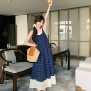 蓝色格子连衣裙女夏季2024高级感显瘦气质吊带长裙背心套装裙