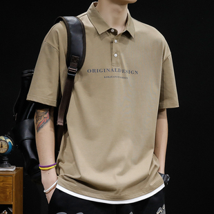 夏季polo衫男纯棉宽松男装，夏上衣(夏上衣)美式大码衣服男士重磅短袖t恤潮