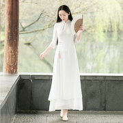 山有色2023夏中国风复古女装茶服白色奥黛旗袍立领雪纺长款连衣裙