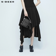 sdeer圣迪奥女装夏装黑色不规则，搭片飘带雪纺半身裙长裙s20281109