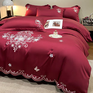 酒红色欧式高端雪莲天丝，四件套冰丝滑被套结婚庆床单夏季刺绣床品