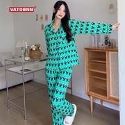 情侣睡衣纯棉春秋款网红风男长袖，长裤印花女，可爱家居服套装绿猩猩
