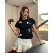 韩版蝴蝶结丝带短袖t恤女2024夏季显瘦短款绝美小上衣潮