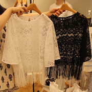 夏季韩版大码流苏蕾丝衫圆领罩衫透明镂空短袖t恤女 宽松上衣