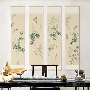 新中式书房挂轴竹报平安装饰画茶室，餐厅挂画竖版走廊，过道墙壁画