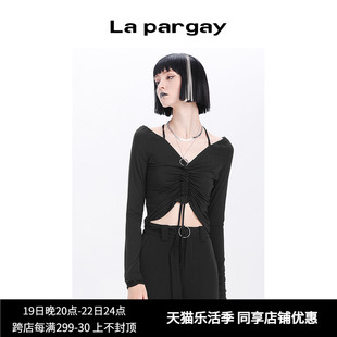 Lapargay纳帕佳秋季女装黑白色上衣个性时尚气质长袖短款T恤