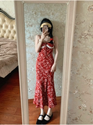 夏装2024女装时尚闺蜜装法式复古气质收腰红色碎花吊带连衣裙