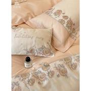 法式床单四件套全棉，纯棉100支长绒棉绣花粉色，被套公主风床上用品