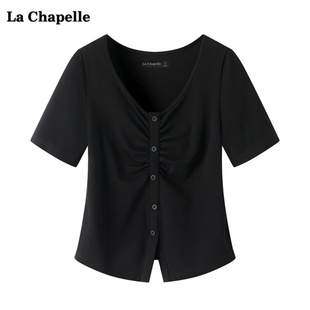 拉夏贝尔lachapelle黑色正肩v领t恤女夏季显瘦小众体恤上衣