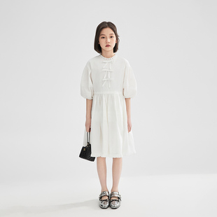 yingiiar女童白色圆领，长款连衣裙2024赫本风，泡泡袖长裙女大童