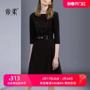 时尚气质连衣裙2024春季五分，袖黑色显瘦收腰高级系带双排扣