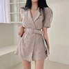 韩国chic夏季法式复古小个子西装，领腰带收腰连体短裤泡泡袖连衣裙