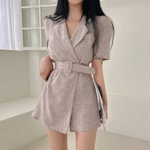 韩国chic夏季法式复古小个子西装领腰带收腰连体短裤泡泡袖连衣裙