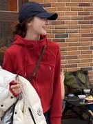 新年红色卫衣女装冬季2023欧货加绒立领连帽拉链开衫外套