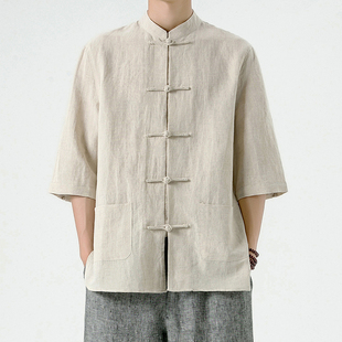 中国风男装亚麻衬衫中式唐装棉麻男士，七分袖衬衣夏季复古立领上衣