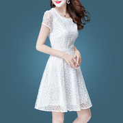 白色蕾丝连衣裙夏装2023气质高档收腰显瘦雪纺裙子中年妈妈裙