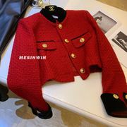设计感撞色小香外套女2023新气质红色立领粗花呢夹克上衣百搭