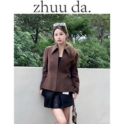 ZHUU DA设计师品牌毛呢尖领修身分割假两件双层半裙套装女