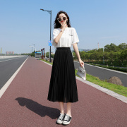 韩国百褶裙半身裙女夏季2023年高腰，垂感显瘦a字黑色雪纺长裙