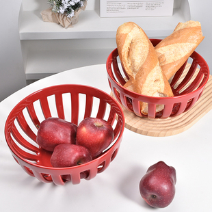 jm红色镂空陶瓷水果盘糖果零食，收纳盒摆放盘果盘客厅茶几家用