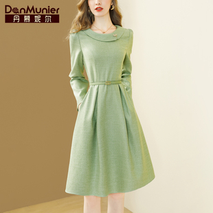丹慕妮尔高端奢华大牌，绿色连衣裙女春秋，气质收腰中长裙子