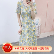夏季品牌汉派时尚气质雪纺印花短袖中长连衣裙