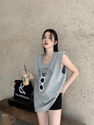 韩版无袖背心T恤女装两件套夏季灰色辣妹印花宽松显瘦中长款上衣