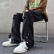 黑色破洞牛仔裤男春夏高街设计感拉链直筒裤美式潮牌大码拖地长裤