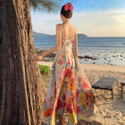 彩色碎花朵吊带裙绑带高腰，度假连衣长裙，夏季女装法式气质裙子