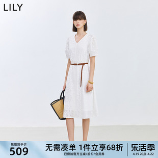 lily2024夏女装(夏女装)气质，温柔设计感蕾丝，显瘦腰带短袖连衣裙小白裙