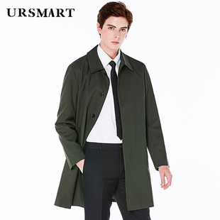 ursmart秋季单排扣风衣，男中长款商务休闲军，绿色男士风衣外套