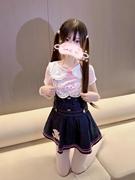 韩系少女可爱风奶乖减龄印花娃娃领蕾丝粉色衬衣拼接牛仔背带裙套