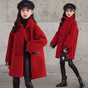 2021冬装女童新年圣诞大衣加厚羊羔绒，韩版中长款加绒红色毛呢外套