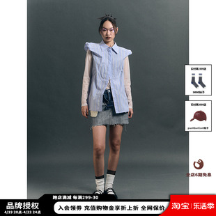设计师品牌JUNWEILIN24SS蓝黄条纹小飞袖衬衫JULY