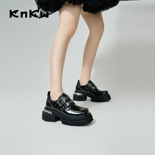 knkw马蹄跟铆钉单鞋2023双带，设计一脚蹬小皮鞋黑色潮酷鞋子女