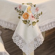 刺绣餐桌布台布棉麻绣花长方形，白色蕾丝茶几，布艺盖巾欧式田园客厅