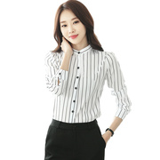 2020秋装韩版女装黑白竖条纹修身大码上衣长袖雪纺衬衫女衬衣