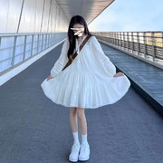 早秋法式白色泡泡袖衬衫连衣裙女春秋学生长袖穿搭中长款裙子