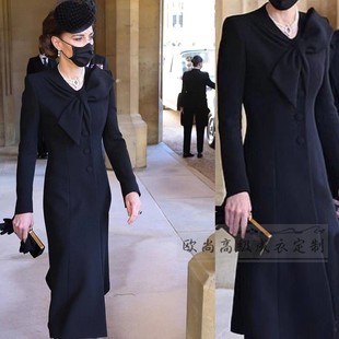 高级定制凯特王妃同款黑色蝴蝶结，单排扣羊毛羊绒大衣外套女长款冬