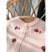 女童羊绒衫开衫小蘑菇浅粉色宝宝毛衣幼儿外套厚儿童羊毛冬装