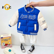 中小童宝宝棒球羽绒服男童，冬款白鸭绒(白鸭绒)外套，儿童轻薄保暖蓝色夹克衫